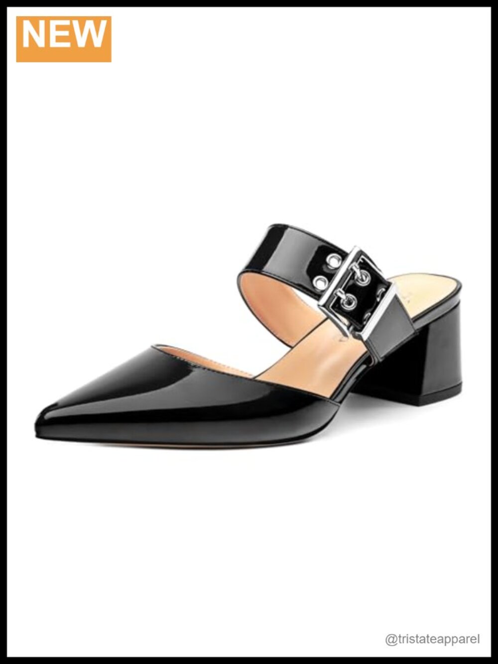 Women's Adjustable Strap Buckle Pointed Toe Chunky Low Heel Mules Slide Sandals